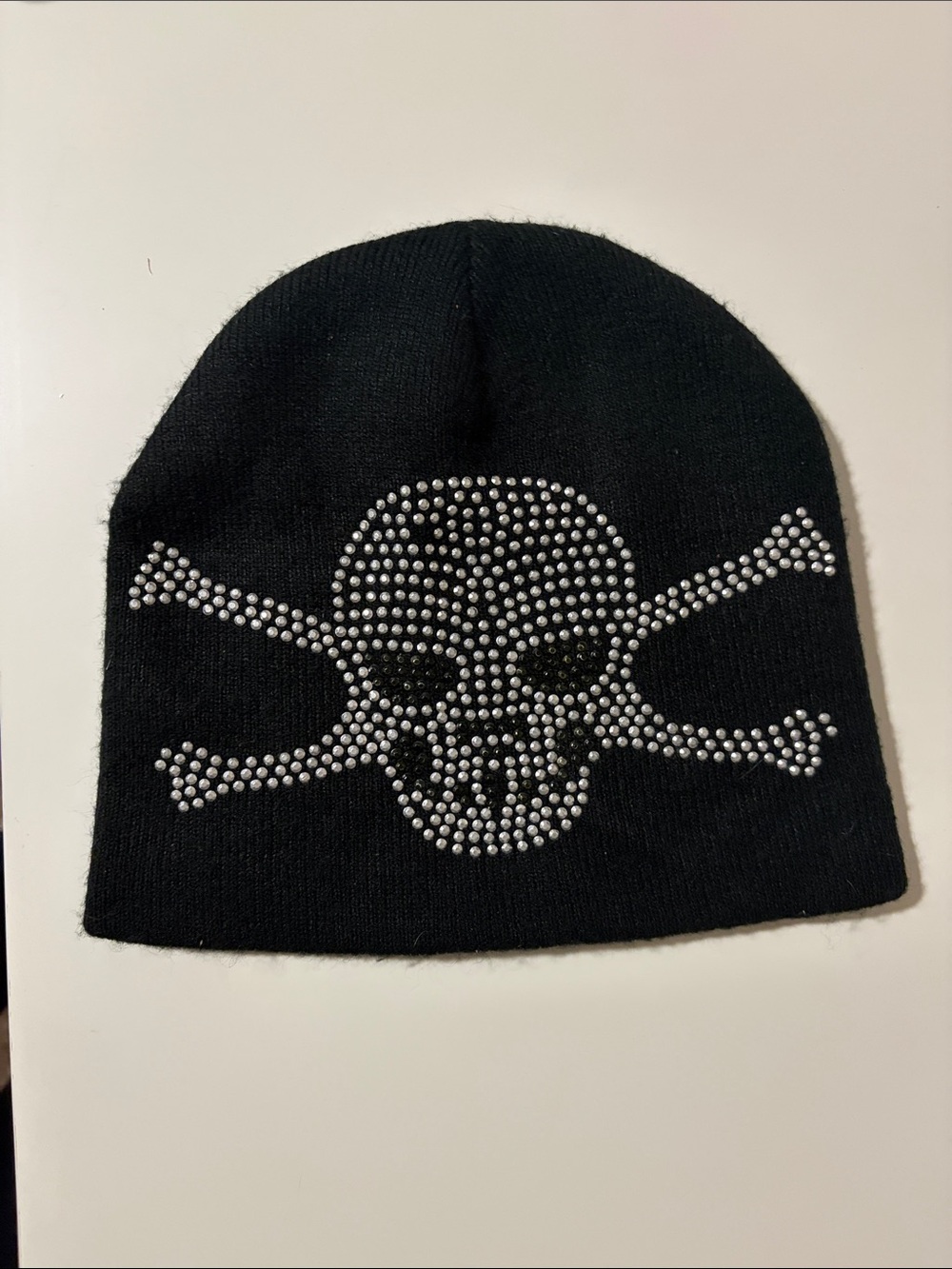 Vintage Black Beanie with Silver Rhinestone Skull